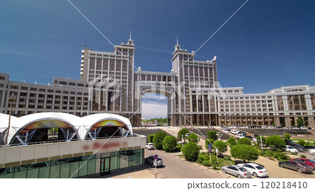 New business district timelapse hyperlapse from bridge in the capital of Kazakhstan in Astana. 120218410