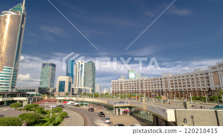 New business district timelapse hyperlapse from bridge in the capital of Kazakhstan in Astana. 120218415