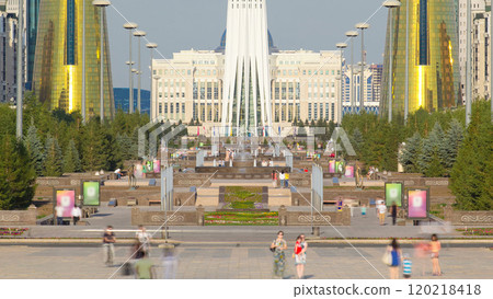 The city of Nur-Sultan timelapse, symbol of the city - Baiterek area. Astana, Kazakhstan 120218418