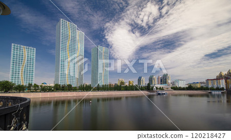 Ishim River with modern towers of residential complex timelapse hyperlapse in Astana Ishim River with modern towers of residential complex timelapse hyperlapse in Astana 120218427