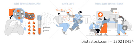 Blood Donor Day illustration set. Educational content on blood components and donation. Awareness for World Blood Donor Day and mobile donation centers. Vector illustration. Blood Donor Day illustration set. Educational content on blood components and donation. Awareness for World Blood Donor Day and mobile donation centers. Vector illustration. 120218434