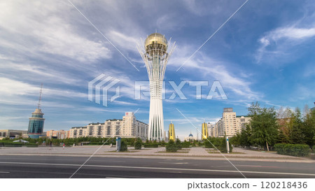 Bayterek timelapse hyperlapse. It is a monument and observation tower in Astana. Main symbol of city. Bayterek timelapse hyperlapse. It is a monument and observation tower in Astana. Main symbol of city. 120218436