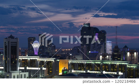 Elevated night view over the city center and central business district with bayterek Timelapse, Kazakhstan, Astana 120218466
