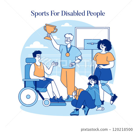 Sports for Disabled People concept. Inclusive sports activities with athletes sharing victory and teamwork. Accessibility, winning spirit, and joyful exercise. Vector illustration. 120218500