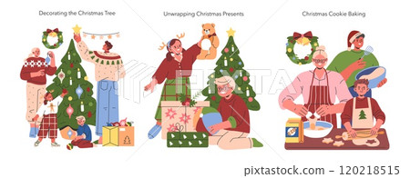 Christmas Family Activities set. Family members engaging in holiday traditions. Tree decoration, present unwrapping, cookie baking scenes. Vector illustration. 120218515