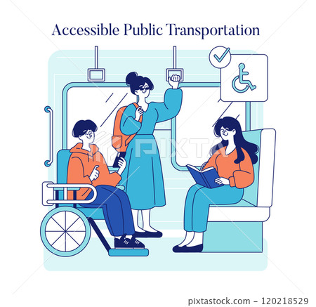 Accessible Public Transportation concept. Illustrating inclusive travel with wheelchair space on a bus. Comfort and equality in urban commutes. Vector illustration. 120218529