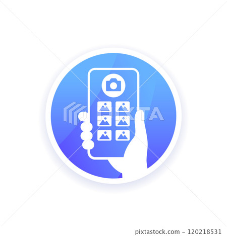 photo gallery app, smart phone in hand vector icon 120218531