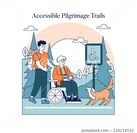 Accessible Pilgrimage Trails concept. An inclusive spiritual journey with a wheelchair-bound elder and companion in nature. Vector illustration. 120218532