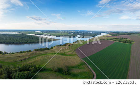 Aerial View of River Valley and Farmland Landscape Aerial View of River Valley and Farmland Landscape 120218533