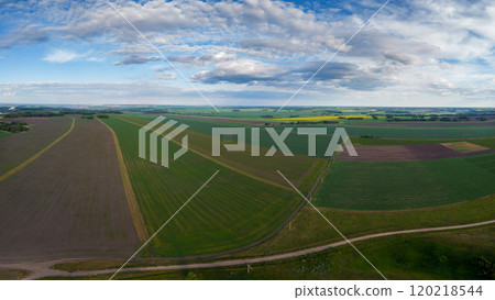 Aerial View of Expansive Farmland Under Cloudy Sky Aerial View of Expansive Farmland Under Cloudy Sky 120218544