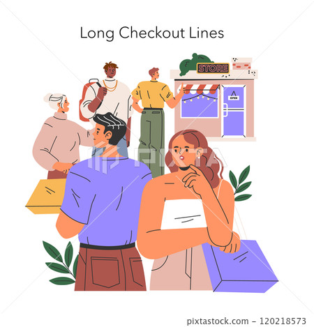 Black Friday concept. Shoppers waiting in a long line at a retail store, highlighting the rush and anticipation. Busy sale event. Vector illustration. 120218573