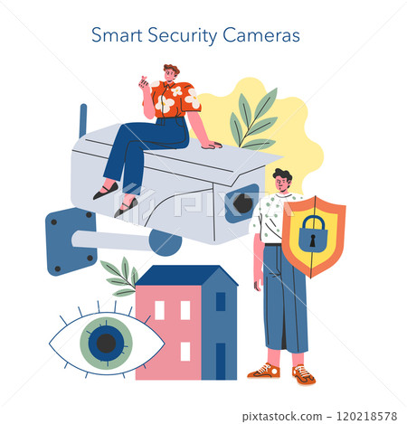 Smart Home Security concept. Illustrated people with surveillance camera and protection shield, reinforcing home safety. Residential technology integration. Vector illustration. Smart Home Security concept. Illustrated people with surveillance camera and protection shield, reinforcing home safety. Residential technology integration. Vector illustration. 120218578