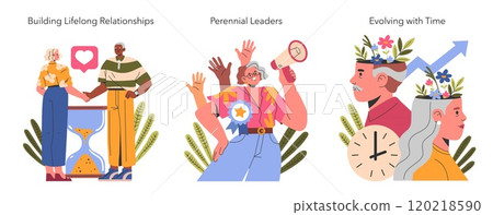 Perennial People set. Illustrating enduring connections, leadership, and personal growth through time. Bonding, activism, and wisdom in colorful art. Vector illustration. 120218590