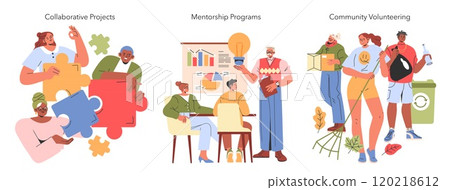 Community Engagement set. People participating in collaborative projects, mentorship programs, and community volunteering. Teamwork, guidance, and activism illustrated. Vector illustration. Community Engagement set. People participating in collaborative projects, mentorship programs, and community volunteering. Teamwork, guidance, and activism illustrated. Vector illustration. 120218612