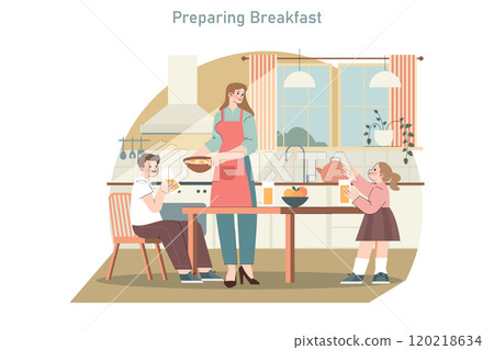 Family breakfast scene with mom preparing food, a son at the table, and daughter enjoying juice in a sunny kitchen. Vector illustration. 120218634