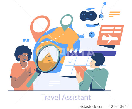 AI Travel Assistant concept. A virtual helper supports trip planning with interactive map and checklist. Personalized itinerary, magnifying destinations. Vector illustration. AI Travel Assistant concept. A virtual helper supports trip planning with interactive map and checklist. Personalized itinerary, magnifying destinations. Vector illustration. 120218641
