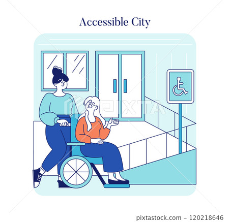 Disabled Travel concept. Illustration showcasing wheelchair accessibility in an urban environment. City inclusivity with ramp and accessible entrance. Vector illustration. Disabled Travel concept. Illustration showcasing wheelchair accessibility in an urban environment. City inclusivity with ramp and accessible entrance. Vector illustration. 120218646