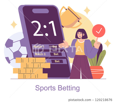 Sports Betting concept. A joyful person celebrates a winning bet with a giant smartphone displaying scores and stacks of coins. Online gambling success. Vector illustration. Sports Betting concept. A joyful person celebrates a winning bet with a giant smartphone displaying scores and stacks of coins. Online gambling success. Vector illustration. 120218676