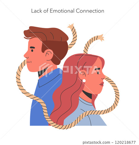 Infidelity concept. A visual metaphor on the lack of emotional connection leading to infidelity. Male and female faces with a frayed rope. Vector illustration. Infidelity concept. A visual metaphor on the lack of emotional connection leading to infidelity. Male and female faces with a frayed rope. Vector illustration. 120218677