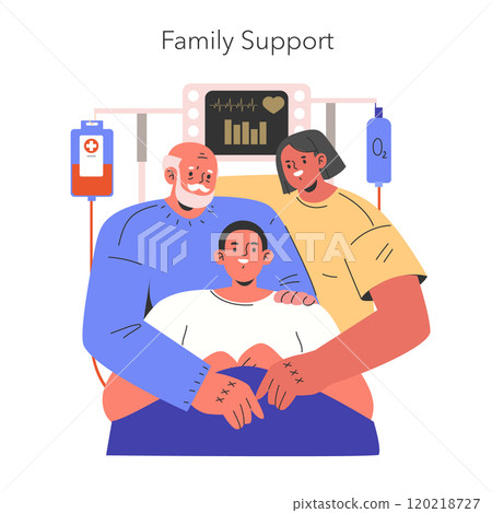 Family Support concept. Relatives comforting a patient in a hospital setting, showcasing love and care. Comfort in recovery, medical support, together. Vector illustration. Family Support concept. Relatives comforting a patient in a hospital setting, showcasing love and care. Comfort in recovery, medical support, together. Vector illustration. 120218727