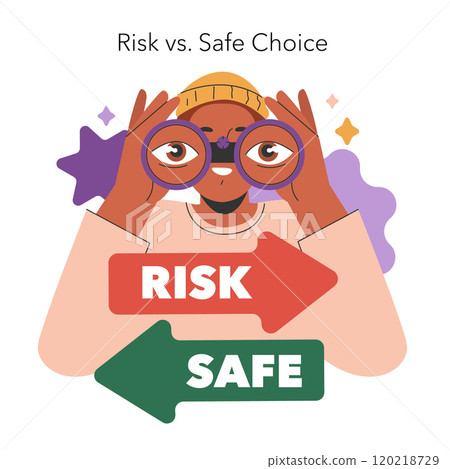 Cognitive Framing concept. Person with binoculars weighing risk versus safe options, choosing right strategy. Decision making, risk assessment. Vector illustration. Cognitive Framing concept. Person with binoculars weighing risk versus safe options, choosing right strategy. Decision making, risk assessment. Vector illustration. 120218729