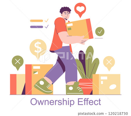 Behavioral Economics concept. A man walks with a package amidst symbols representing the ownership effect. Consumer choices and value perception. Vector illustration. 120218730