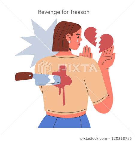 Infidelity concept illustration. A visual metaphor of heartbreak and betrayal, featuring a woman with a knife in her back. Infidelity concept illustration. A visual metaphor of heartbreak and betrayal, featuring a woman with a knife in her back. 120218735