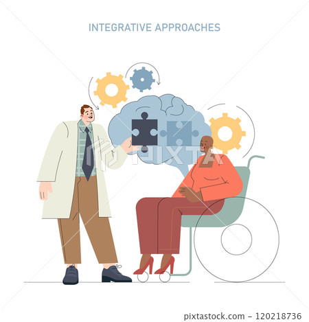 Psychology concept. Therapist and patient exploring mental health solutions together. Cognitive mechanisms and problem-solving representation. Vector illustration. 120218736