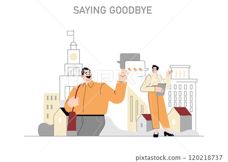 Farewell concept. A man waving goodbye to a woman in an urban setting conveying emotions of departure. Communication, city life, separation. Vector illustration. Farewell concept. A man waving goodbye to a woman in an urban setting conveying emotions of departure. Communication, city life, separation. Vector illustration. 120218737