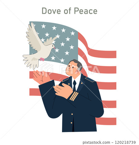 Veterans Day tribute illustration with a saluting officer and a dove against the US flag backdrop ensures peace and remembrance. Vector illustration. Veterans Day tribute illustration with a saluting officer and a dove against the US flag backdrop ensures peace and remembrance. Vector illustration. 120218739