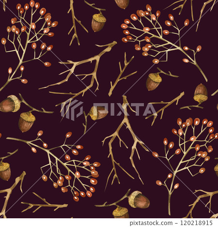 Tree branches, viburnum berry, acorns, seamless watercolor pattern. All objects are hand painted with watercolor. Suitable for printing on fabric, paper, wrapping paper, scrapbooking and cards. Tree branches, viburnum berry, acorns, seamless watercolor pattern. All objects are hand painted with watercolor. Suitable for printing on fabric, paper, wrapping paper, scrapbooking and cards. 120218915