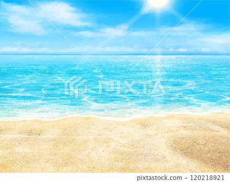 夏季沙灘、藍天白雲和大海的精美框架插畫素材 120218921