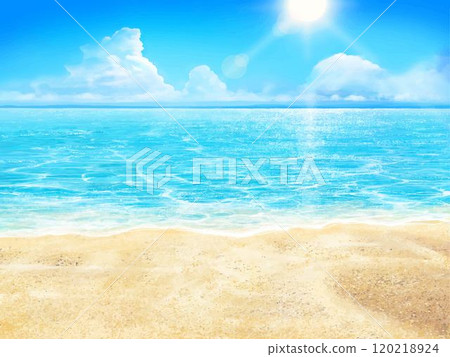 Beautiful frame illustration background material of summer sandy beach and blue sky and sea with clouds 120218924
