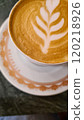 Latte art rosetta view from above, milk cream foam texture in elegant cup. Morning in coffeeshop 120218926