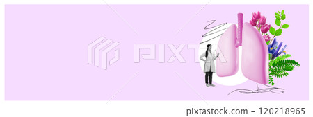 Contemporary art collage. Doctor stands next to pink lungs surrounded by blooming flowers, representing natural respiratory health. Contemporary art collage. Doctor stands next to pink lungs surrounded by blooming flowers, representing natural respiratory health. 120218965