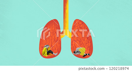 Contemporary art collage. Two men sitting inside orange lungs, suggesting confined or restricted feeling related to breathing. Contemporary art collage. Two men sitting inside orange lungs, suggesting confined or restricted feeling related to breathing. 120218974