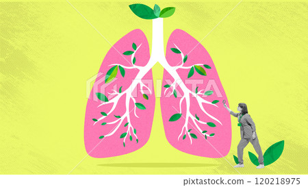 Contemporary art collage. Woman examines lungs with green leaves sprouting, symbolizing growth and recovery of lung health. 120218975