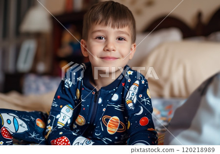 Smiling child wearing spacesuit pajamas sitting on bed Smiling child wearing spacesuit pajamas sitting on bed 120218989
