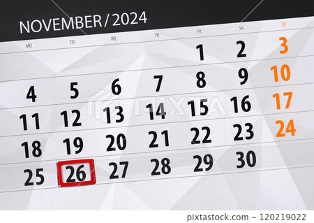 Calendar 2024, deadline, day, month, page, organizer, date, November, tuesday, number 26 120219022
