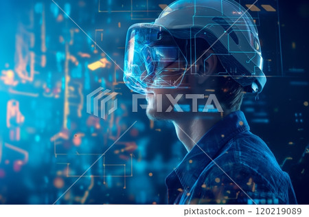 Construction engineer wearing vr headset and safety helmet explores digital blueprints in metaverse Construction engineer wearing vr headset and safety helmet explores digital blueprints in metaverse 120219089