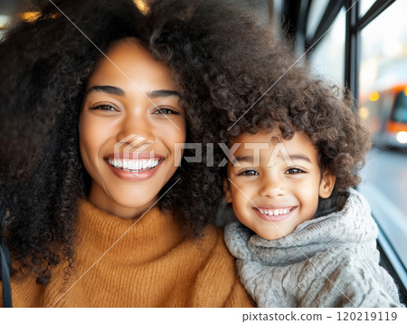 Happy mother with her young son sitting together on a bus 120219119