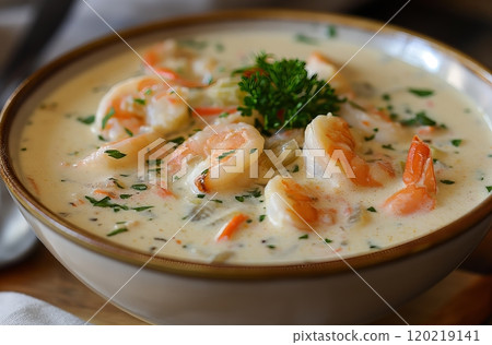 Creamy shrimp soup garnished with fresh parsley in bowl 120219141