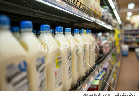 Fresh milk bottles sitting on refrigerated shelf in supermarket dairy section Fresh milk bottles sitting on refrigerated shelf in supermarket dairy section 120219265