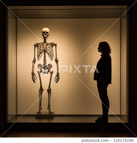 Museum visitor observing human skeleton in a glass case 120219290