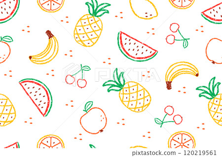 Chalkboard fruit pattern. Seamless texture in doodle style with pineapple, watermelon, banana and lemon with cherry Chalkboard fruit pattern. Seamless texture in doodle style with pineapple, watermelon, banana and lemon with cherry 120219561