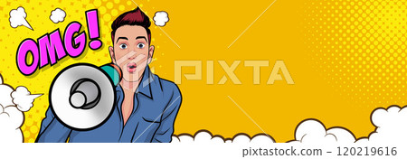 Business man with loudspeaker megaphone announcing discount or sale Special offer shopping time 120219616