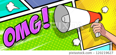 Hand holds megaphone bullhorn in retro pop art comic style  Loudspeaker Business banner 120219627