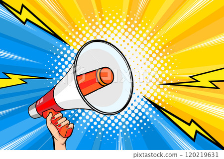 Hand holds megaphone bullhorn in retro pop art comic style  Loudspeaker Business banner 120219631