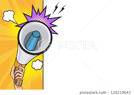 Hand holds megaphone bullhorn in retro pop art comic style Loudspeaker Business banner Hand holds megaphone bullhorn in retro pop art comic style Loudspeaker Business banner 120219641