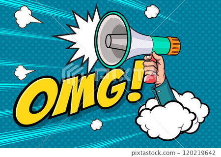 Hand holds megaphone bullhorn in retro pop art comic style Loudspeaker Business banner Hand holds megaphone bullhorn in retro pop art comic style Loudspeaker Business banner 120219642